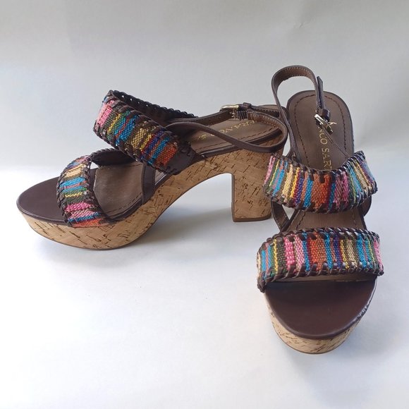 EUC Franco Sarto multicolor cork heel dual, 2 strap striped slingback sandals - Picture 1 of 5